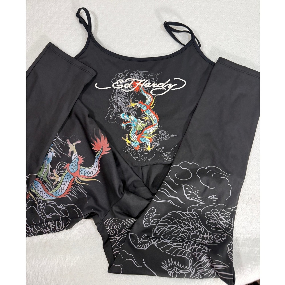 Ed Hardy Jumpsuit Women XL Black Dragon Graphic Biker Streetwear Whimsigoth EUC
